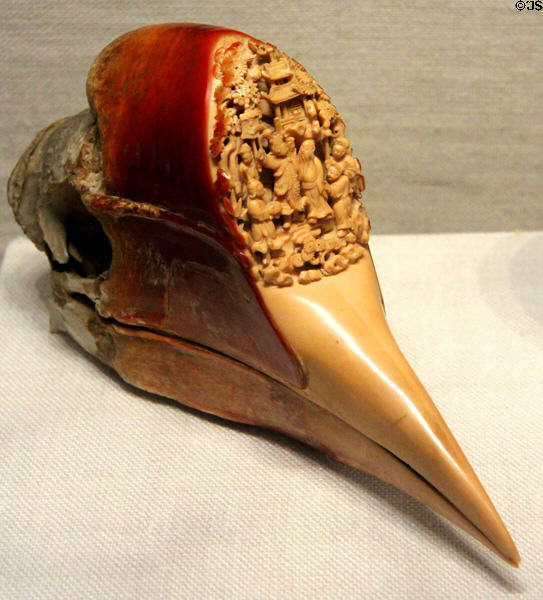Qing dynasty operatic scene carved on skull of hornbill from Borneo (18thC) from China at Crow Collection of Asian Art. Dallas, TX.