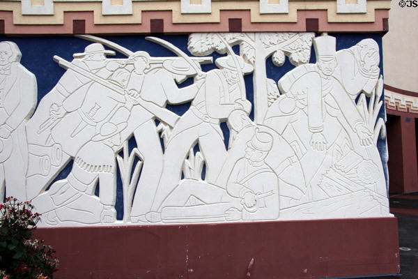 Battle of San Jacinto section of history Texas mural by Julian Garnsey on Tower building at Fair Park. Dallas, TX.