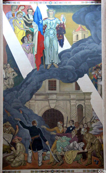 Revolution & founding of Republic of Texas section of Texas History mural in Great Hall of State at Fair Park. Dallas, TX.
