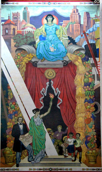 Education & prosperity section of Texas History mural in Great Hall of State at Fair Park. Dallas, TX.