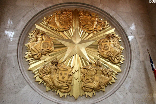 Six flags Great Hall gold medallion by Joseph E. Renier in Hall of State at Fair Park. Dallas, TX.