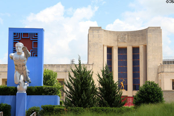 Tenor Art Deco statue & Hall of State at Fair Park. Dallas, TX.