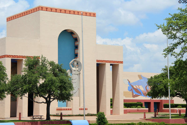 Centennial Hall at Fair Park with Art Deco porticos (1936) of Transportation building added to 1905 structure behind. Dallas, TX.
