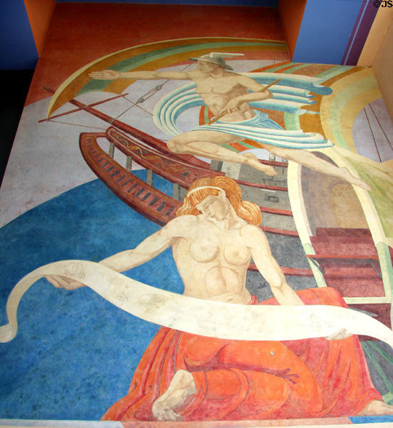 Old Methods of Transportation Art Deco mural (1936) by Carlo Ciampaglia on Centennial Hall at Fair Park. Dallas, TX.