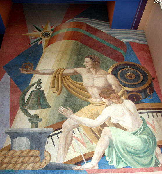 Navigation Art Deco mural (1936) by Carlo Ciampaglia on Centennial Hall at Fair Park. Dallas, TX.