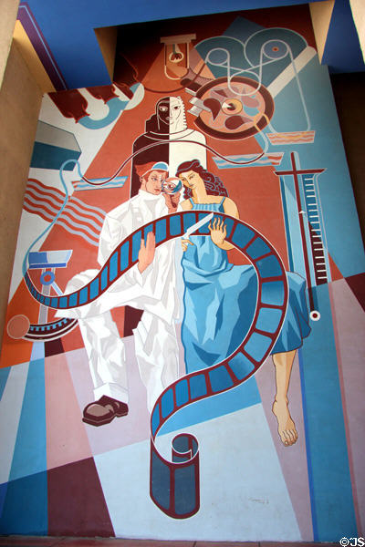 Cinema & arts mural (c1948) replacing originals burned in fire of 1946 at Automobile Hall at Fair Park. Dallas, TX.