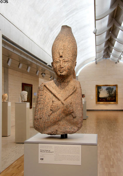Portrait statue of Pharaoh Amenhotep II (c1400 BCE & recarved c1250 BCE) from Karnak, Egypt at Kimbell Art Museum. Fort Worth, TX.