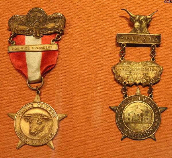 Cattle Raisers member badges (1911) at Cattle Raisers Museum of Fort Worth Museum of Science & History. Fort Worth, TX.