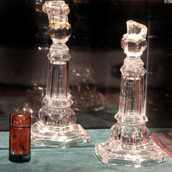 Inkwell (early 1800s) (lent: Mayborn Museum) & glass candlesticks (c1833) (lent: U/TX Austin) at Bullock Texas State History Museum. Austin, TX.