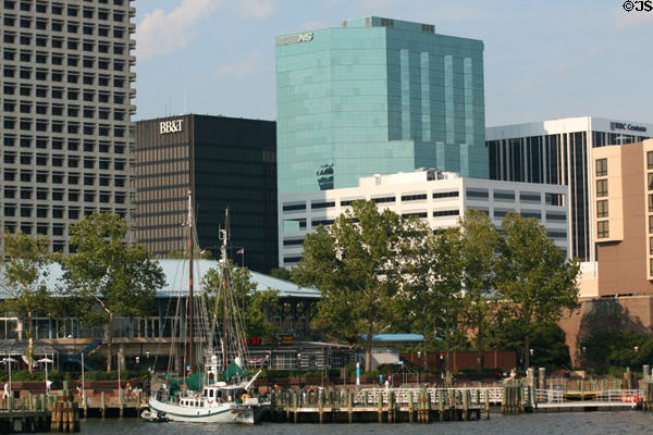 Tall ship moored on waterfront of Norfolk. Norfolk, VA.