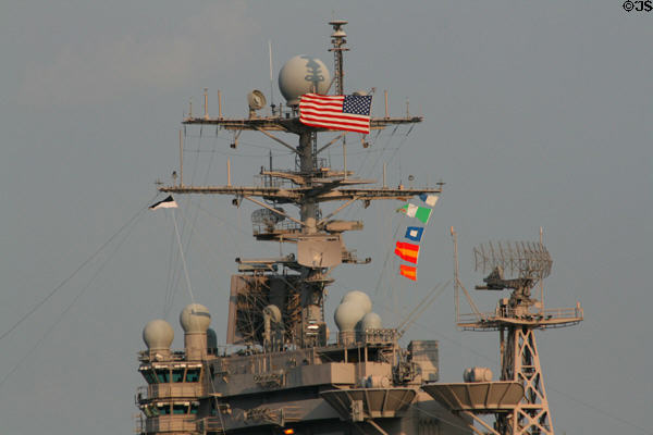 Superstructure of USS Theodore Roosevelt (CVN-71) Nimitz-class supercarrier at Naval Station Norfolk. Norfolk, VA.