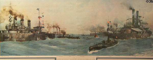 Engraving (1898) of U.S. Naval ships blockading Spanish fleet off Havana during Spanish American War by Henry Reuterdahl in Colliers Magazine from Hampton Roads Naval Museum at Nauticus. Norfolk, VA.