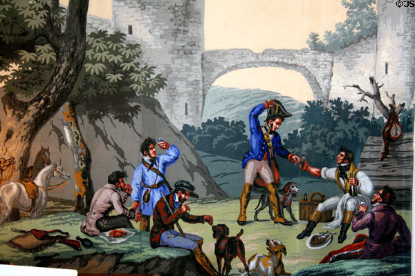 Wallpaper (early 19thC) Paysage a Chasse by Jean Zuber in drawing room of Ash Lawn-Highland. Charlotttesville, VA.
