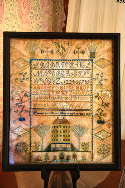 Sampler (1814) by Maria Monroe in children's room at Ash Lawn-Highland. Charlotttesville, VA.