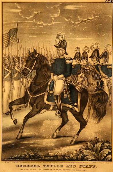 Graphic (c1847) of Gen. Zachary Taylor & his staff by N. Currier at James Madison Museum. Orange, VA.