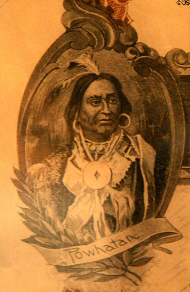 Detail of Indian chief Powhatan on stock certificate for Jamestown Exposition of 1907 in Jamestown National Park Museum. Jamestown, VA.