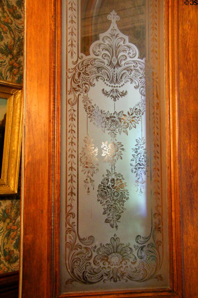 Etched glass in entrance doors at Park-McCullough Historic Estate. North Bennington, VT.