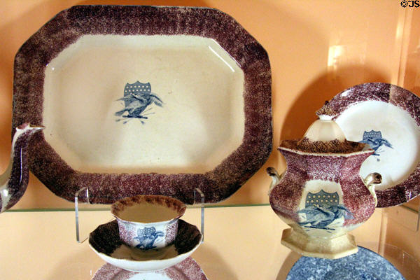 Spatterware aka sponged ware ceramic dishes with colors applied by sponge through stencils at Shelburne Museum. Shelburne, VT.