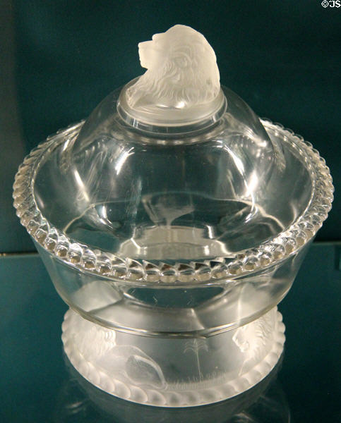 Covered footed glass bowl with lion at Shelburne Museum. Shelburne, VT.