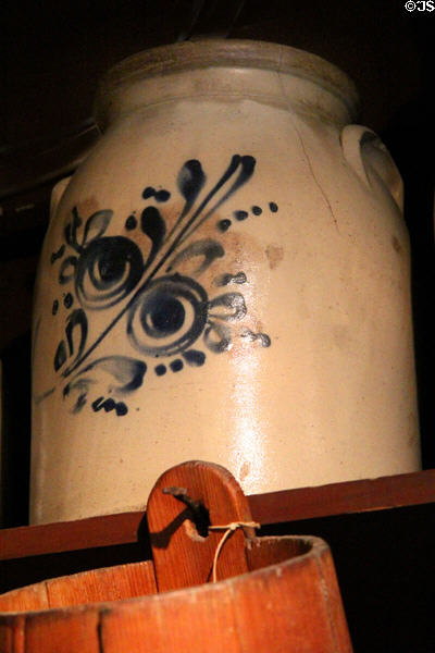 Stoneware crocks with blue flower pattern in General Store at Shelburne Museum. Shelburne, VT.