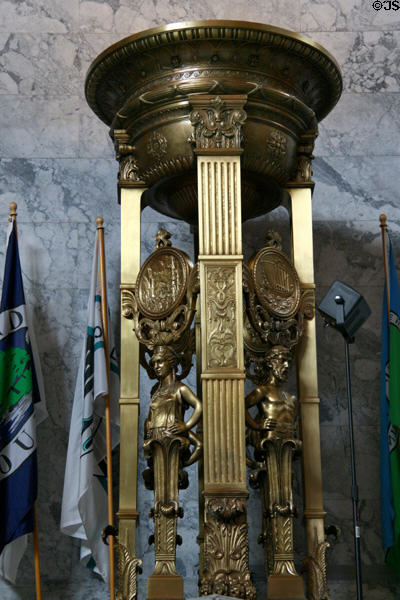 Roman-style firepot by Tiffany Studies recreates signals lit 2000 years ago to call Roman Senate to session at Washington State Capitol. Olympia, WA.