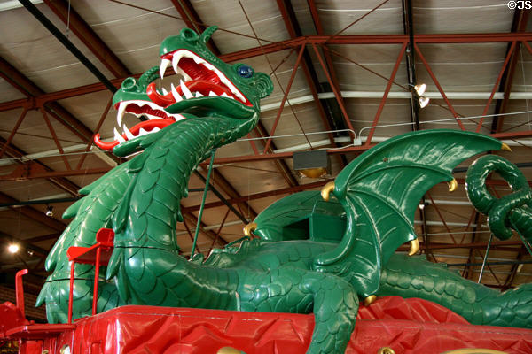 Green dragon details on Golden Age of Chivalry circus wagon at Circus World Museum. Baraboo, WI.