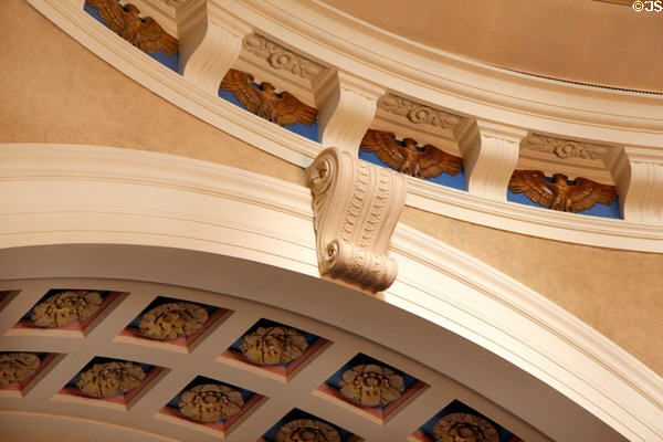Rows of coffers with State symbols & eagles with spread wings in Senate Chamber of West Virginia State Capitol. Charleston, WV.