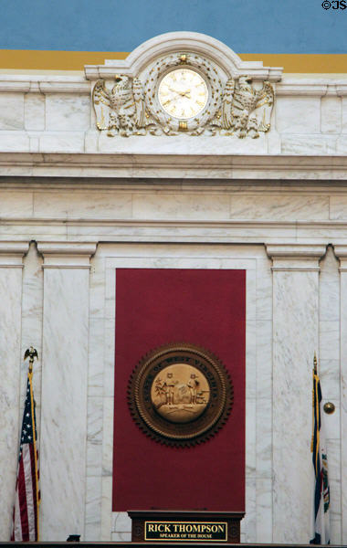 State seal in House of Delegates in the West Virginia State Capitol. Charleston, WV.