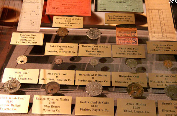 Coins & scrip used at coal mine company stores at West Virginia State Museum. Charleston, WV.