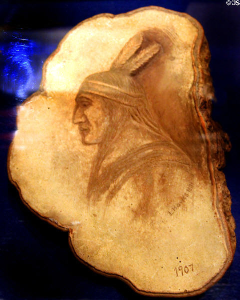 L. Hawes Hill's carving of an American Indian head for Jamestown Exposition (1907) at West Virginia State Museum. Charleston, WV.