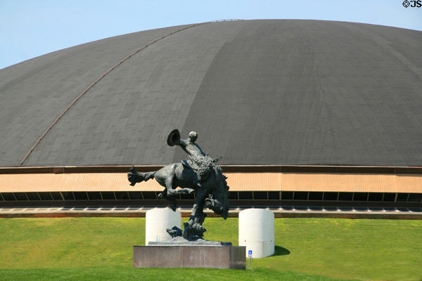 Bucking Bronco sculpture at Arena Auditorium of University of Wyoming. Laramie, WY.