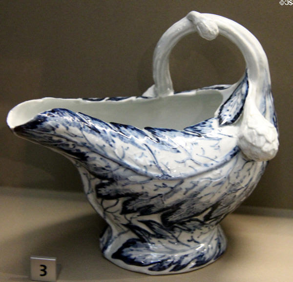 Porcelain sauceboat with underglaze blue design (c1760) by Richard Chaffers' factory, Liverpool at Walker Art Gallery. Liverpool, England.