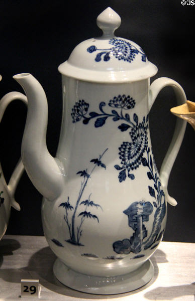 Porcelain coffeepot with underglaze blue design (c1760) by Richard Chaffers' factory, Liverpool at Walker Art Gallery. Liverpool, England.
