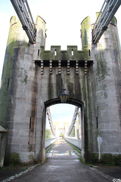Detailed view of chains of Telford suspension bridge anchored to towers. Conwy, Wales.