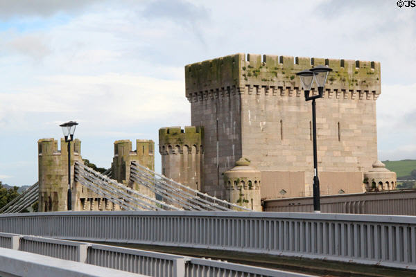 Telford's suspension bridge & Stephenson's tubular railway bridge side by side. Conwy, Wales.