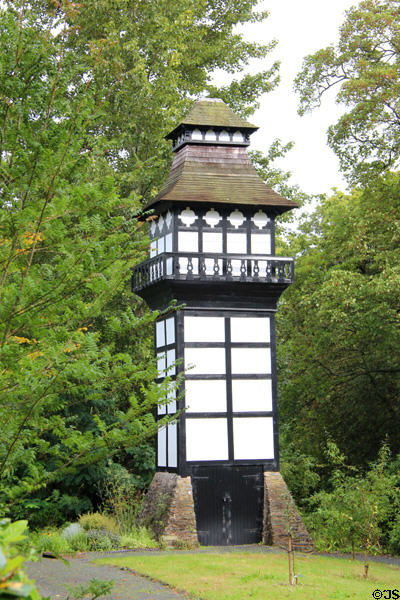 Black & white tower in gardens at Plas Newydd. Llangollen, Wales.