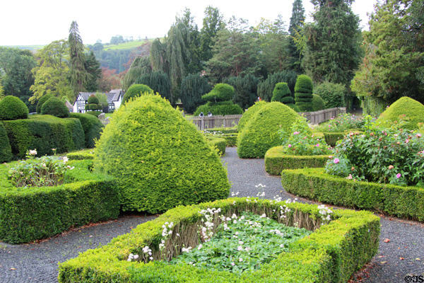 Garden overlooking hills at Plas Newydd. Llangollen, Wales.