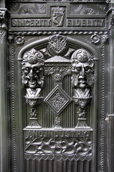 Carving labeled "Sincerity, Fidelity & Industry" on front facade Plas Newydd. Llangollen, Wales.