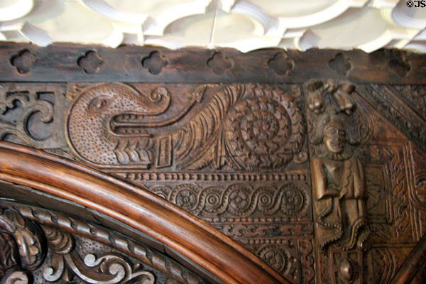 Detail of carved wood panel at Plas Newydd. Llangollen, Wales.
