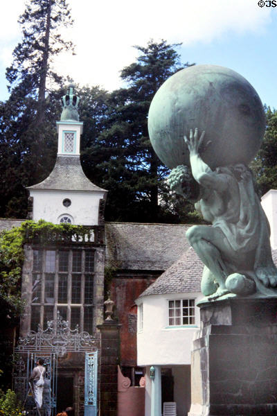 Town Hall & Atlas carrying the world statue at Portmeirion Village. Gwynedd, Wales.
