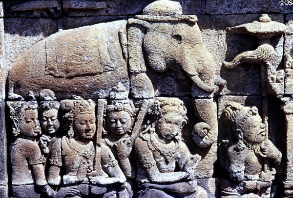 Carved stone relief of elephant & attendants at Borobudur. Indonesia.