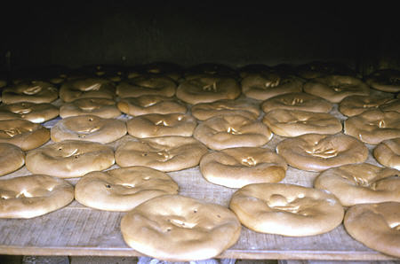 Bread cooling in Oropesa bakery. Peru.