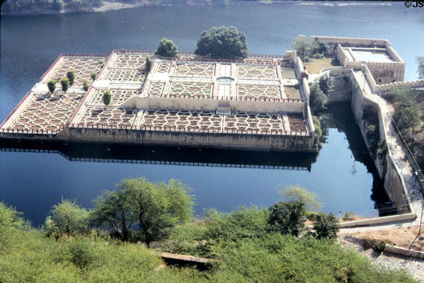 View of formal garden in lake below Amber Palace. India.