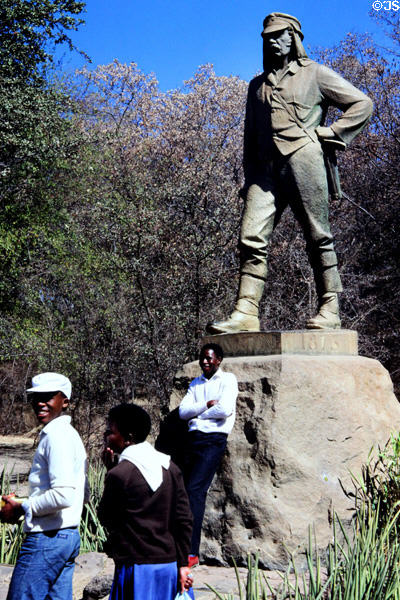 David Livingstone statue, first white to see Victoria Falls, stands in National Park. Zimbabwe.