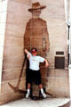 Posing in stone Settlers Statue in the Rocks area of Sydney. Sydney, Australia.