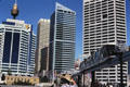 Monorail passes in front of skyscrapers of Sydney skyline. Sydney, Australia.
