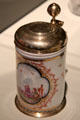 Meissen porcelain tankard with underglaze Chinese scene & with gilded lid at Gardiner Museum. Toronto, ON.