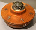 Grand River Six Nations wood bowl & lid with turtle knob inlaid with silver & obsidian by Elwood Green, Haudenosaunee at Royal Ontario Museum. Toronto, ON.
