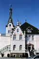 Mediterranean styled hotel building with tower & tiled walls on banks of Elbe. Meissen, Germany.