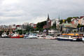 Tour boats moored in Hamburg harbor. Hamburg, Germany.